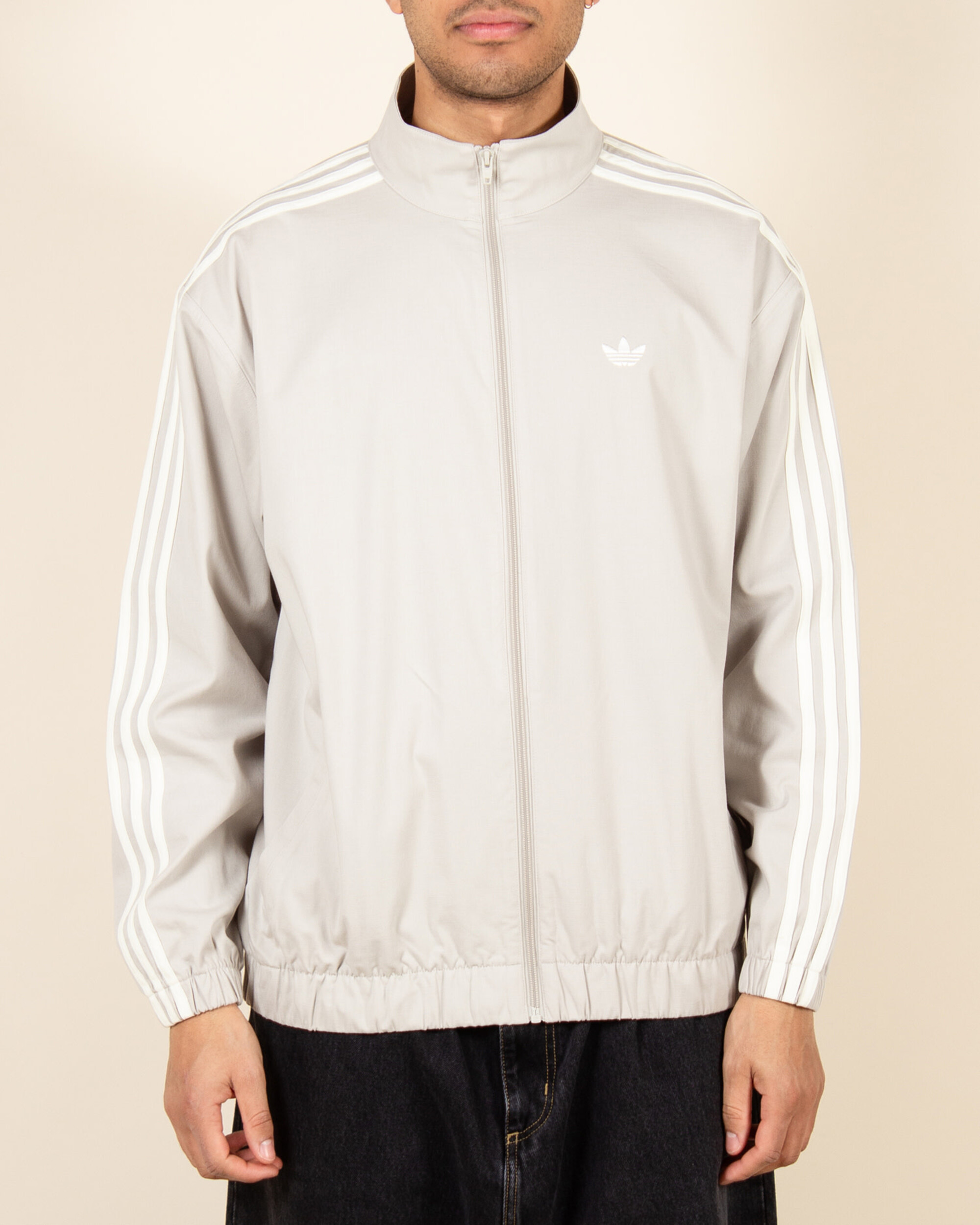 Grey adidas jacket clearance with white stripes