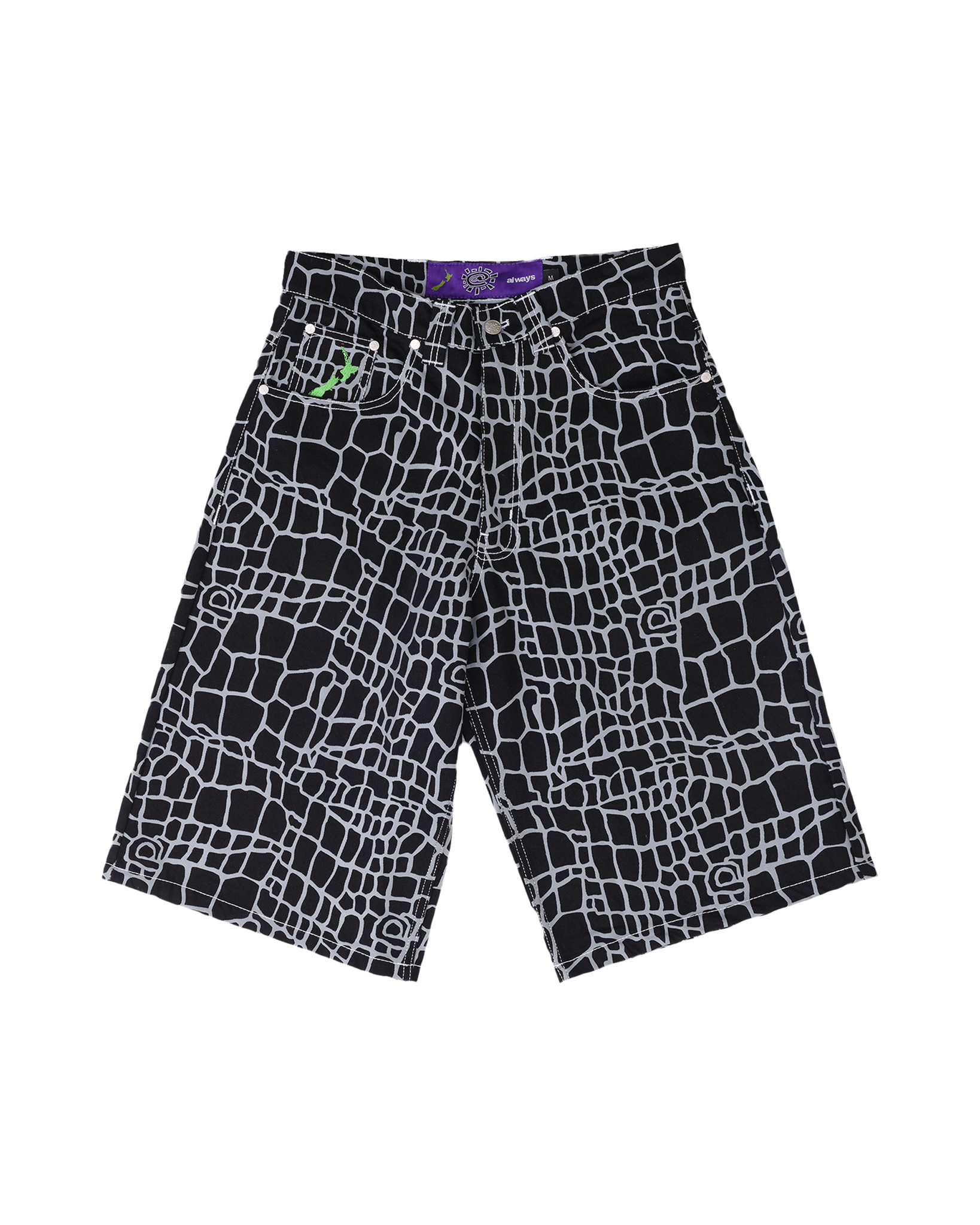 ALWAYS print denim shorts ショートパンツ 32 Always croc print denim shorts (black) - Lockwood Skateshop
