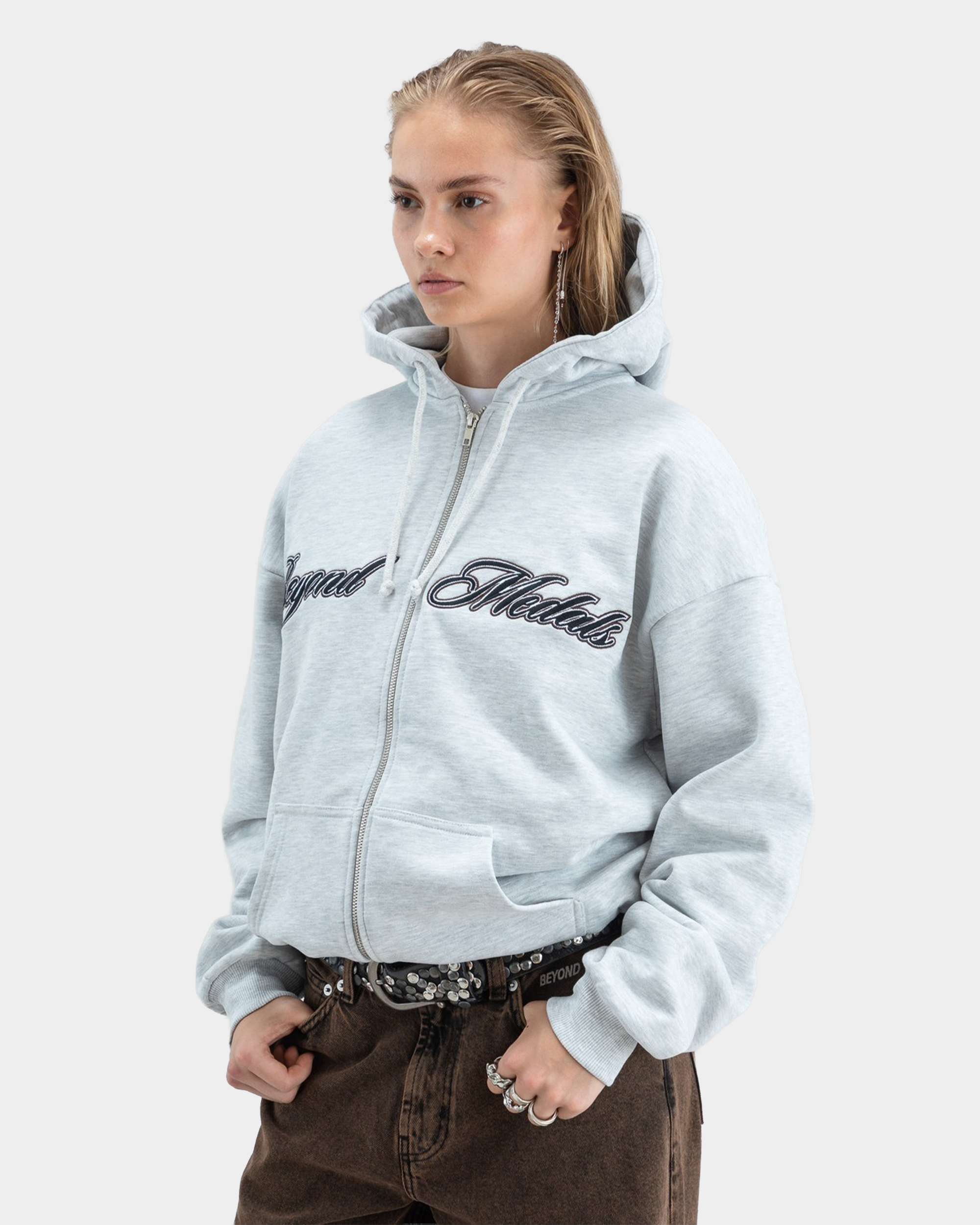 Beyond Medals Script Zip Hoodie Grey Melange