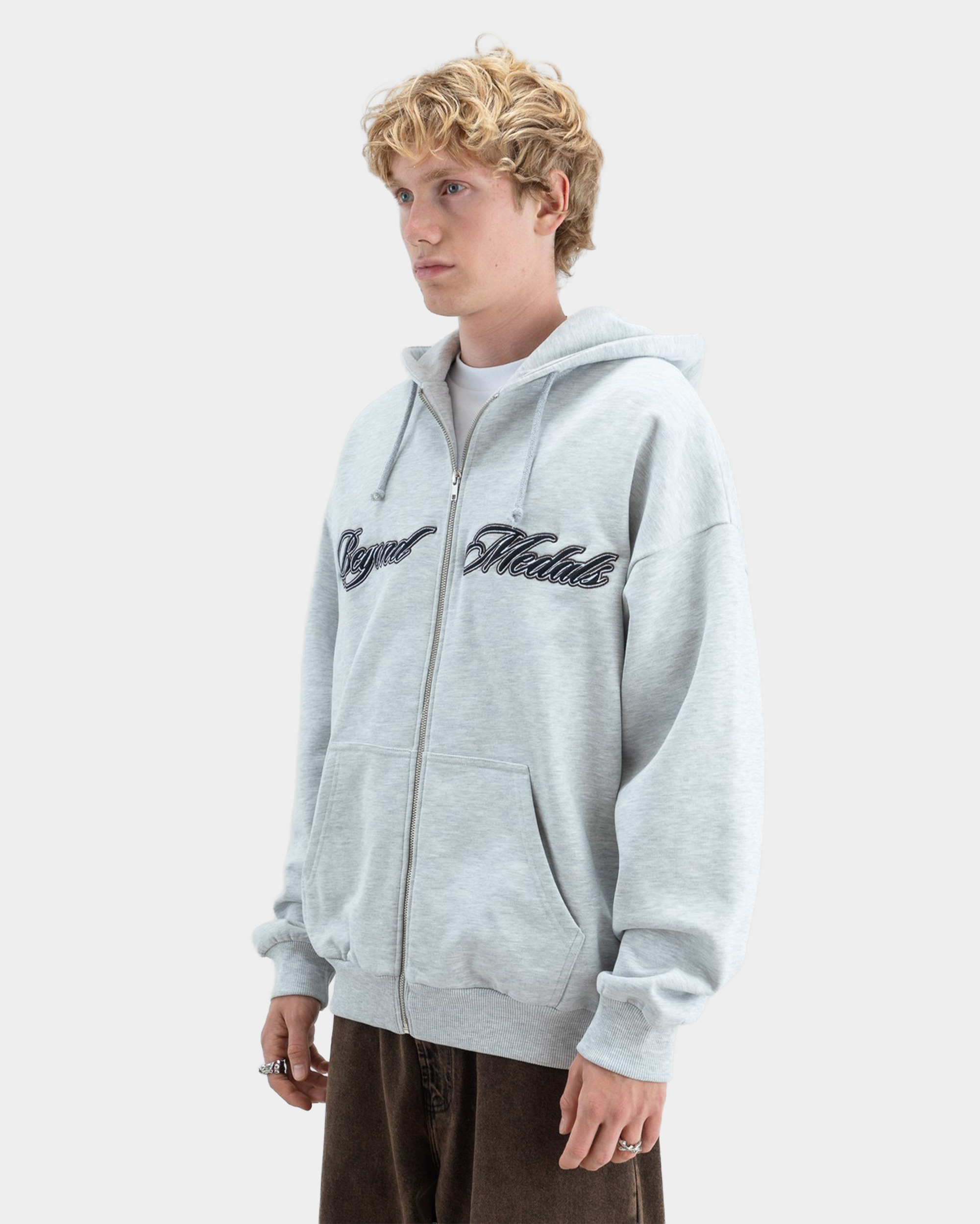 Beyond Medals Script Zip Hoodie Grey Melange