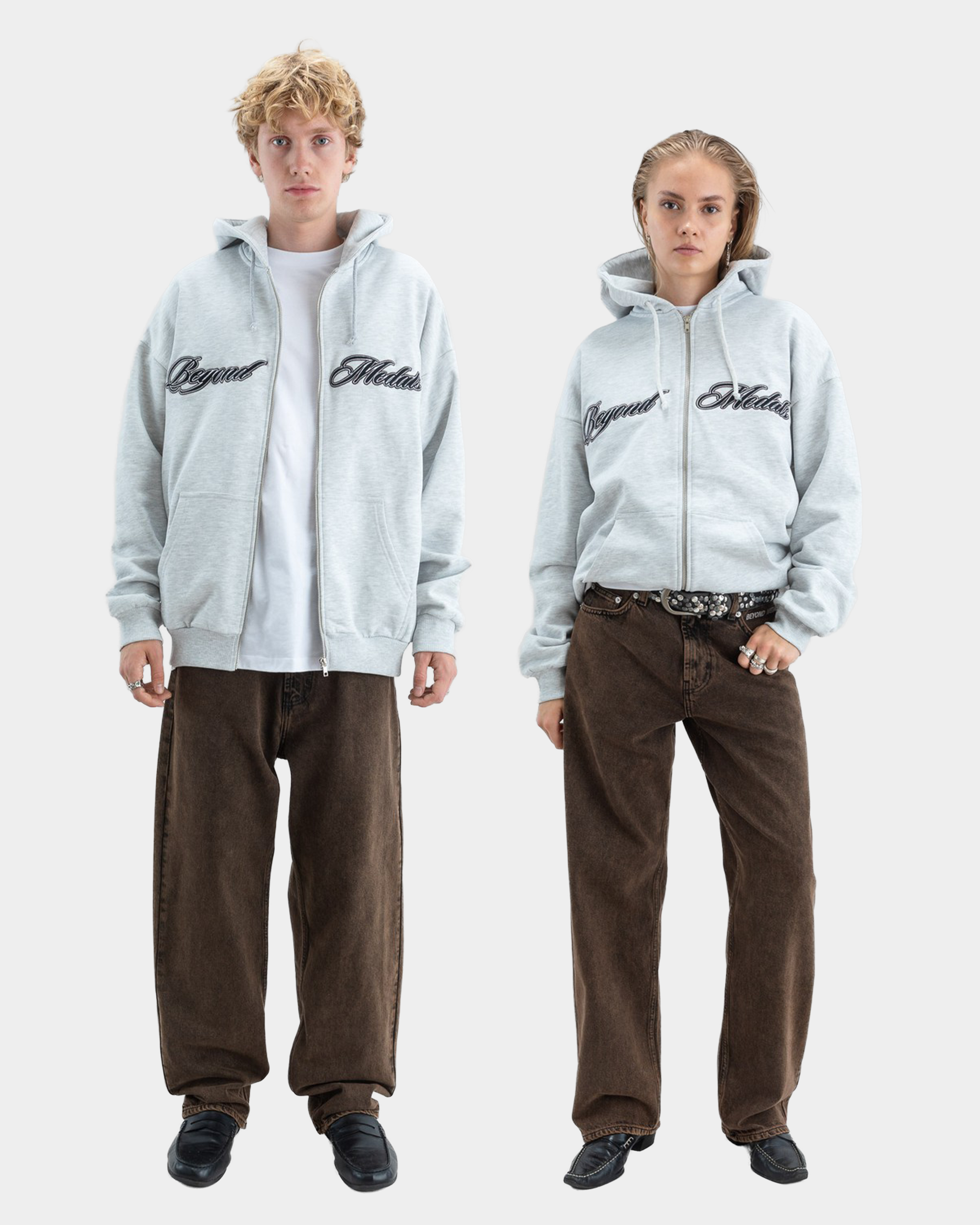 Beyond Medals Script Zip Hoodie Grey Melange