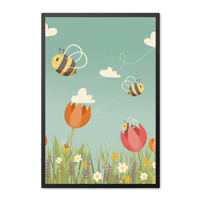 Sweet Living Poster in Lijst - Bee Happy - Tulpenveld - Kinderkamer