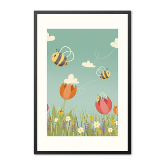 Sweet Living Poster in Lijst - Bee Happy - Tulpenveld - Kinderkamer