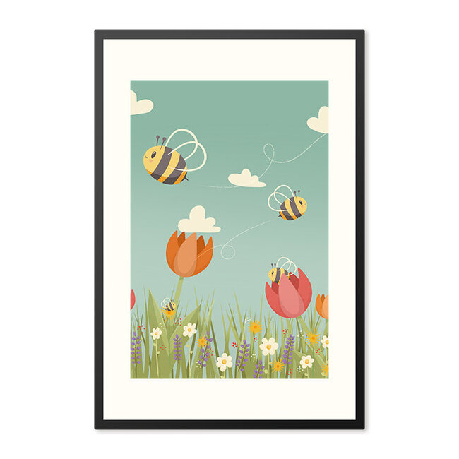 Sweet Living Poster in Lijst - Bee Happy - Tulpenveld - Kinderkamer