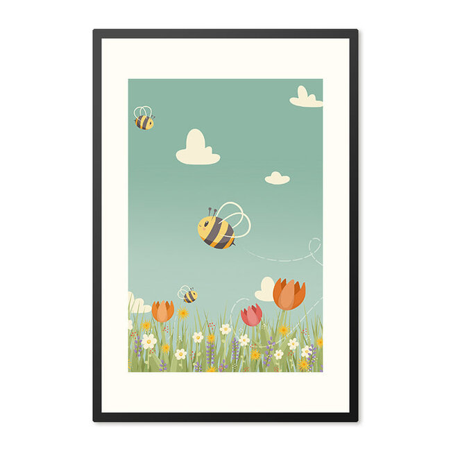 Sweet Living Poster in Lijst - Bee Happy - Tulpen & Bijen - Kinderkamer