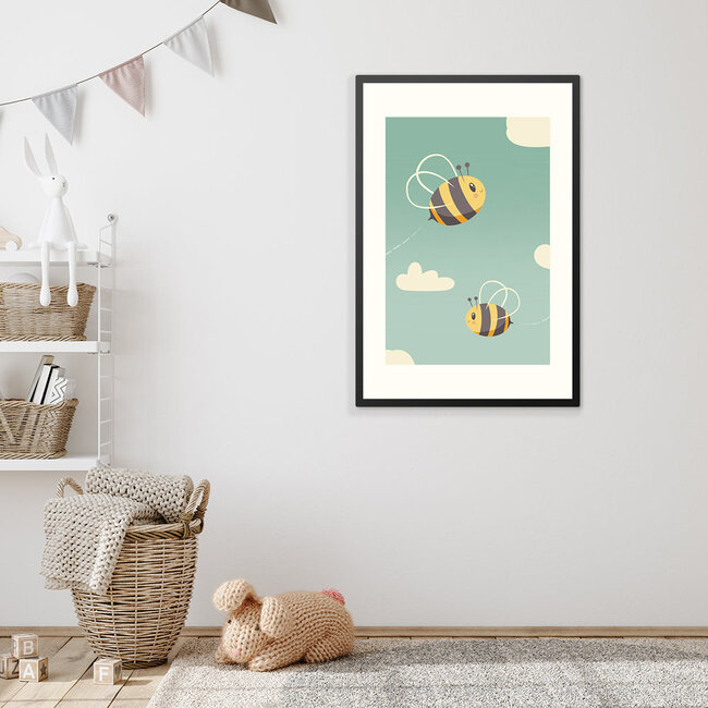 Sweet Living Poster in Lijst - Bee Happy - Twee Blije Bijen - Kinderkamer