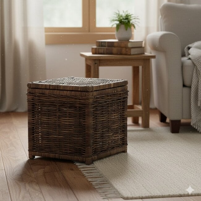 Sweet Living Vierkante Rotan Opbergmand Luc - Antiek