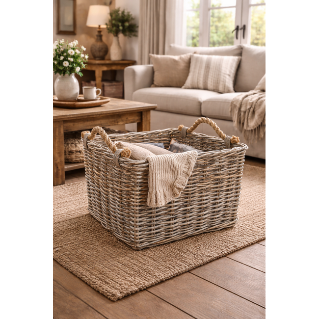 Sweet Living Rieten Opbergmand Greywash Jute Handvatten