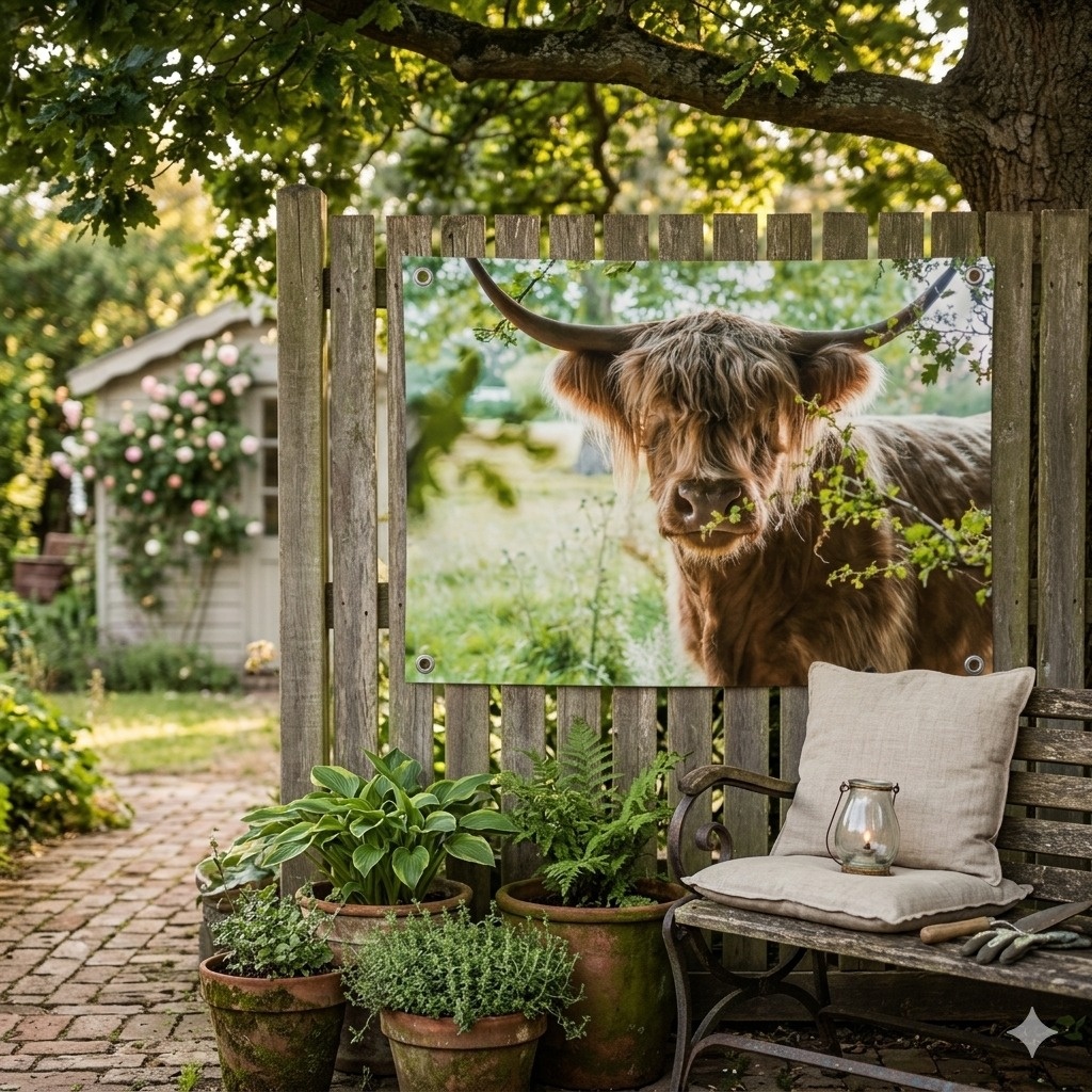 Sfeervolle tuinposter met zonsondergang gemonteerd met tyraps aan een schutting
