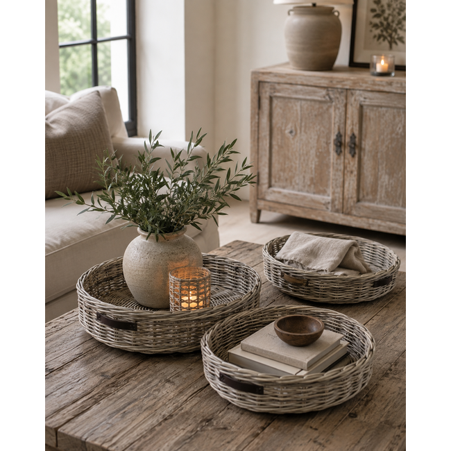 Sweet Living Rotan Dienblad Rond - Grey - Lederen Handvat