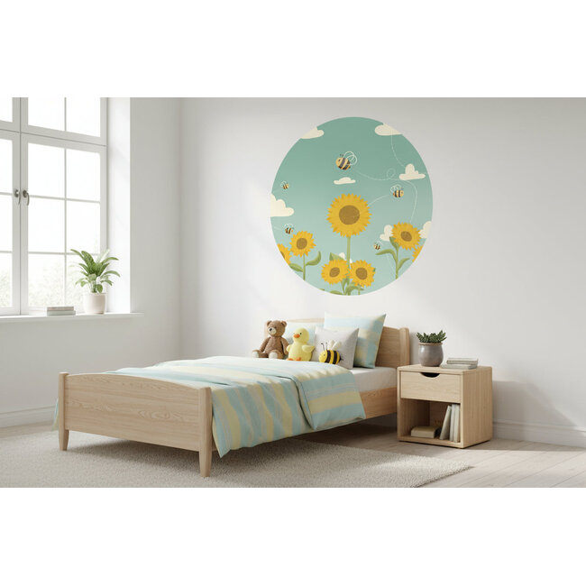 Ukkie & Boef Zelfklevende Muursticker - Zonnebloemen & Bijen - Ronde Muursticker - Kinderkamer