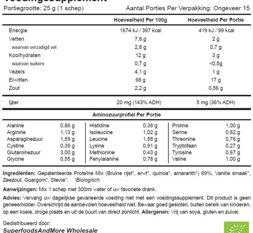 Sunwarrior Classic Plus Biologische Proteïne Vanille 375 / 750 Gram