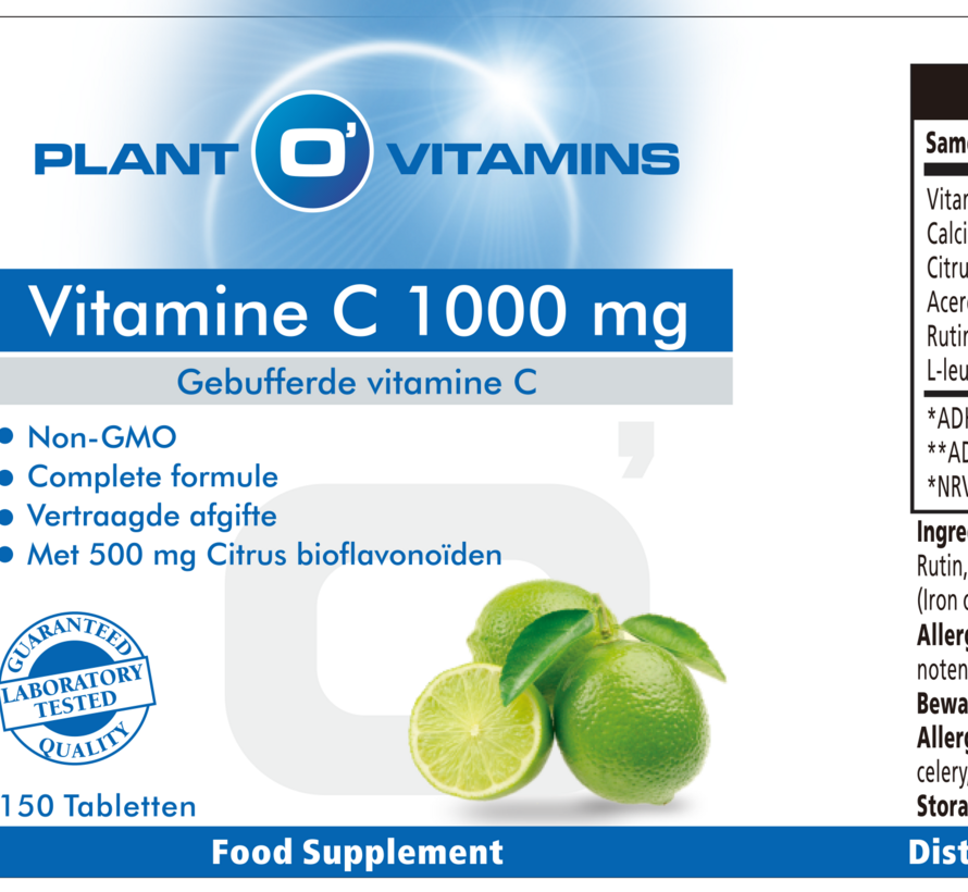 Vitamine C 1000 mg Calcium Ascorbaat Plantovitamins 150 tabletten