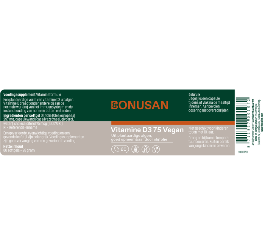 Bonusan Vitamine D3 75 Vegan 60 softgels