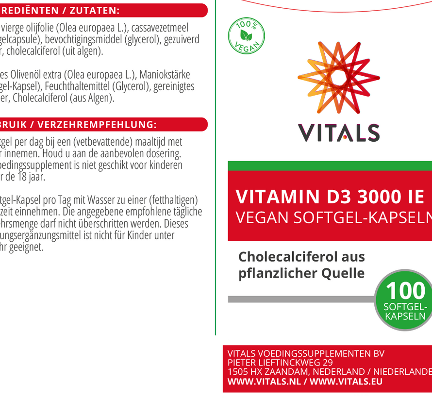 Vitals Vitamine D3 3000 IE 100 vegan softgels