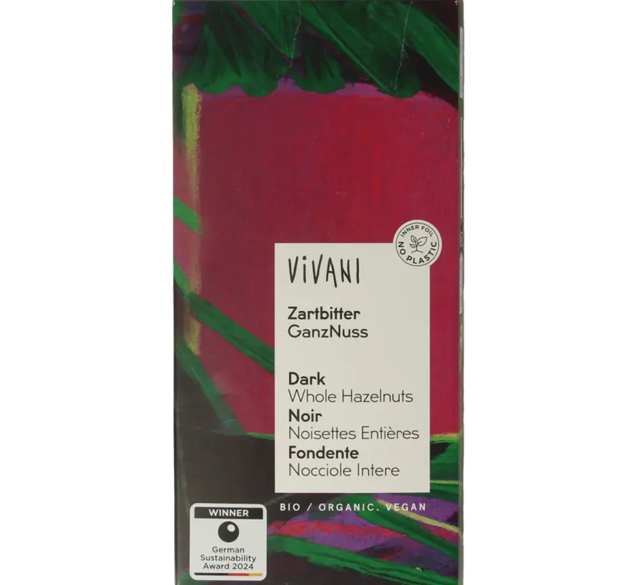 Vivani Chocolade puur met hazelnoten bio 100gr