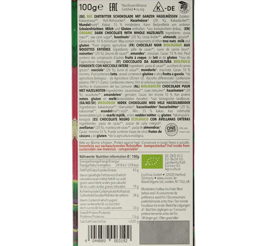 Vivani Chocolade puur met hazelnoten bio 100gr