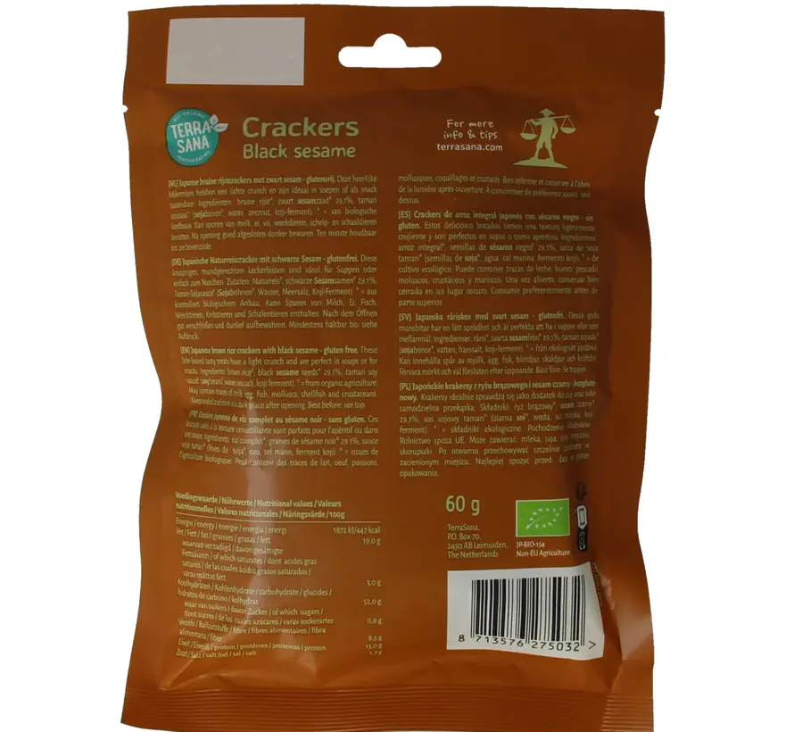 TerraSana Japanse bruine rijstcrackers zwarte sesam bio 60gr