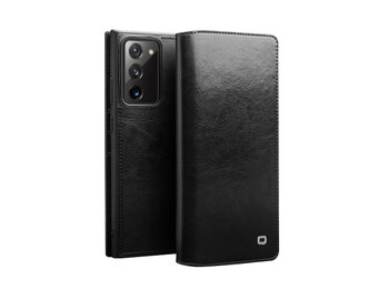 Qialino - echt lederen luxe wallet hoes - Samsung Galaxy Note 20 - Zwart