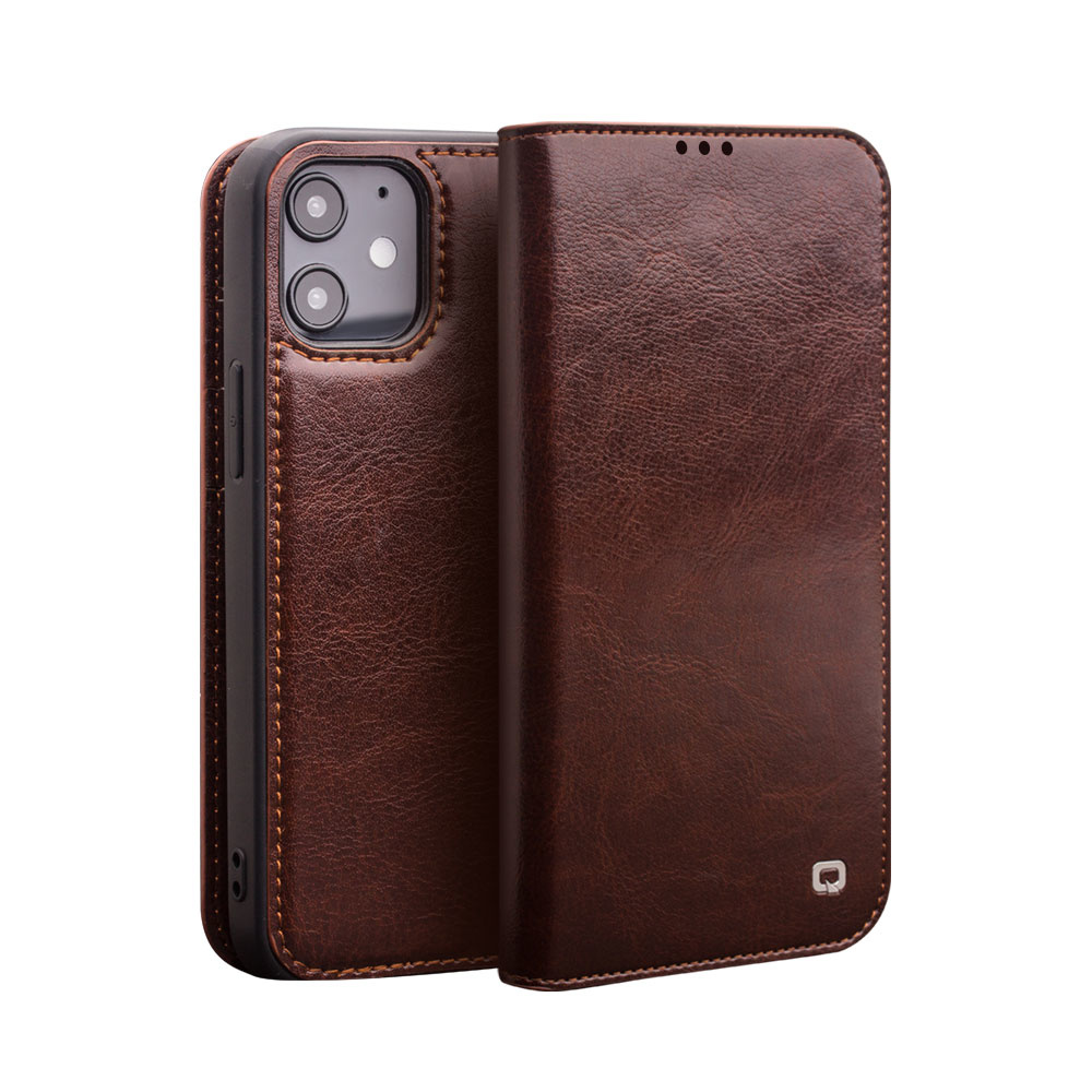 Qialino - echt lederen luxe wallet hoes - iPhone 12 / 12 Pro - Bruin