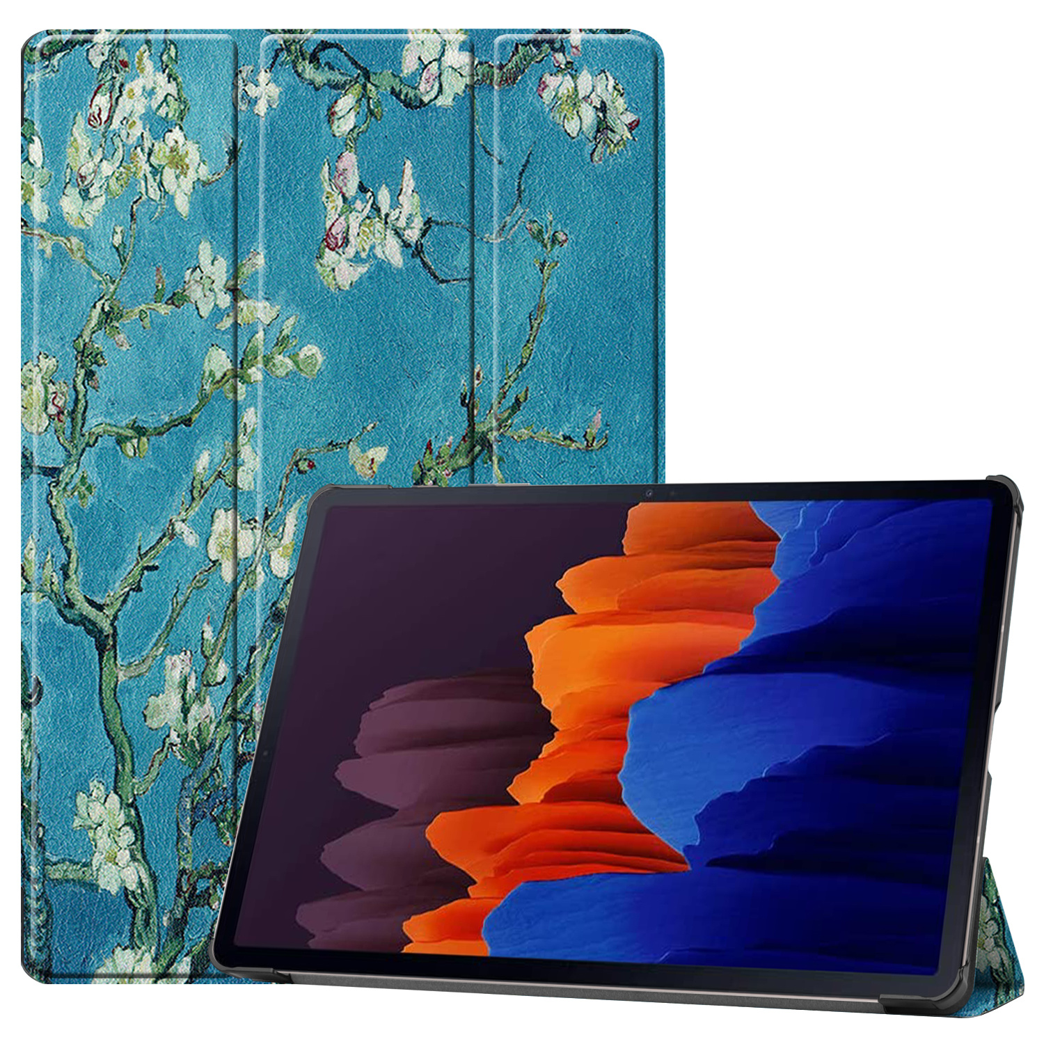 3-Vouw sleepcover hoes Van Gogh Amandelbloesem  voor de Samsung Galaxy Tab S7 Plus en Samsung Galaxy Tab S8 Plus
