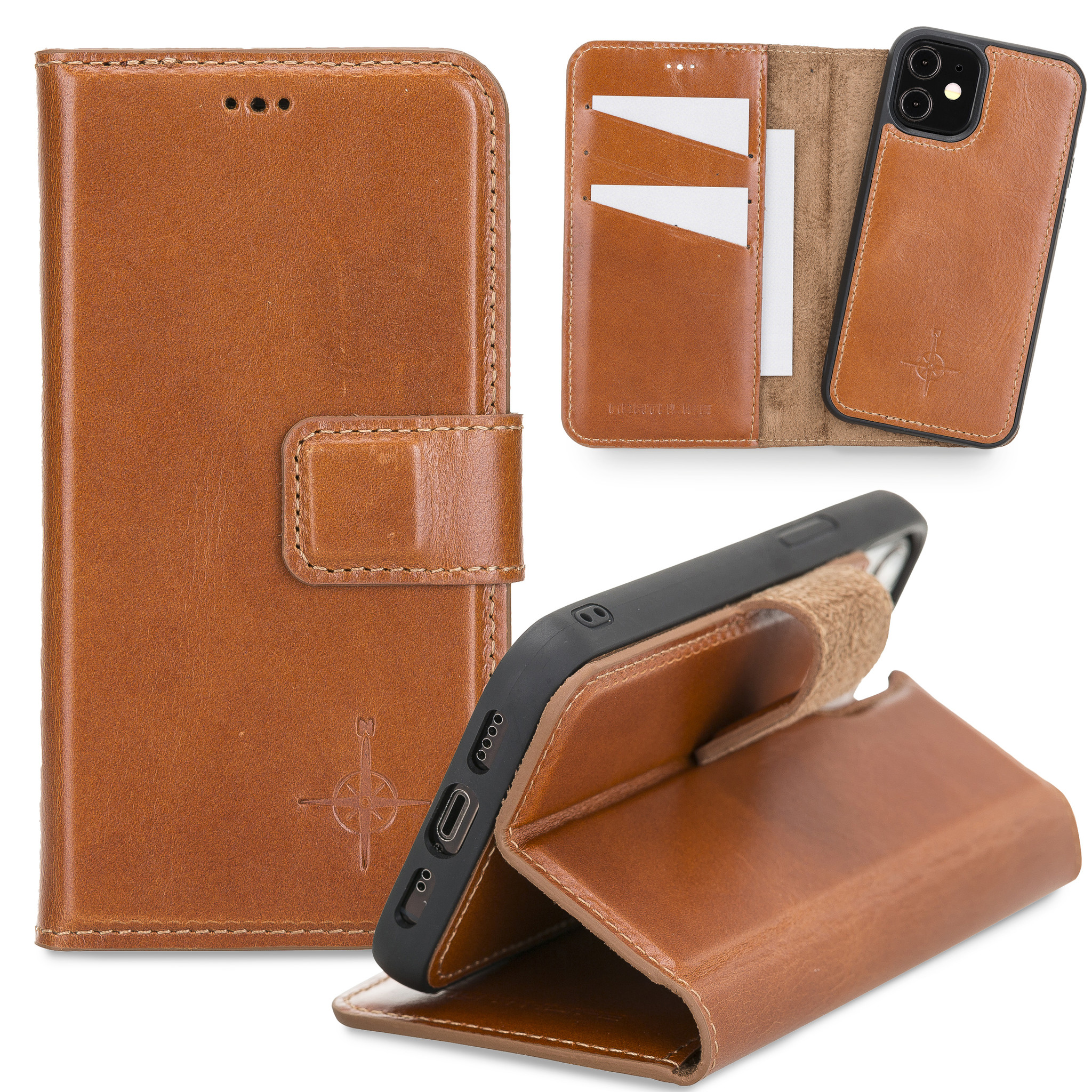 Echt lederen uitneembare 2-in-1 (RFID) bookcase hoes Burcht Trecht Cognac voor de iPhone 12 Mini