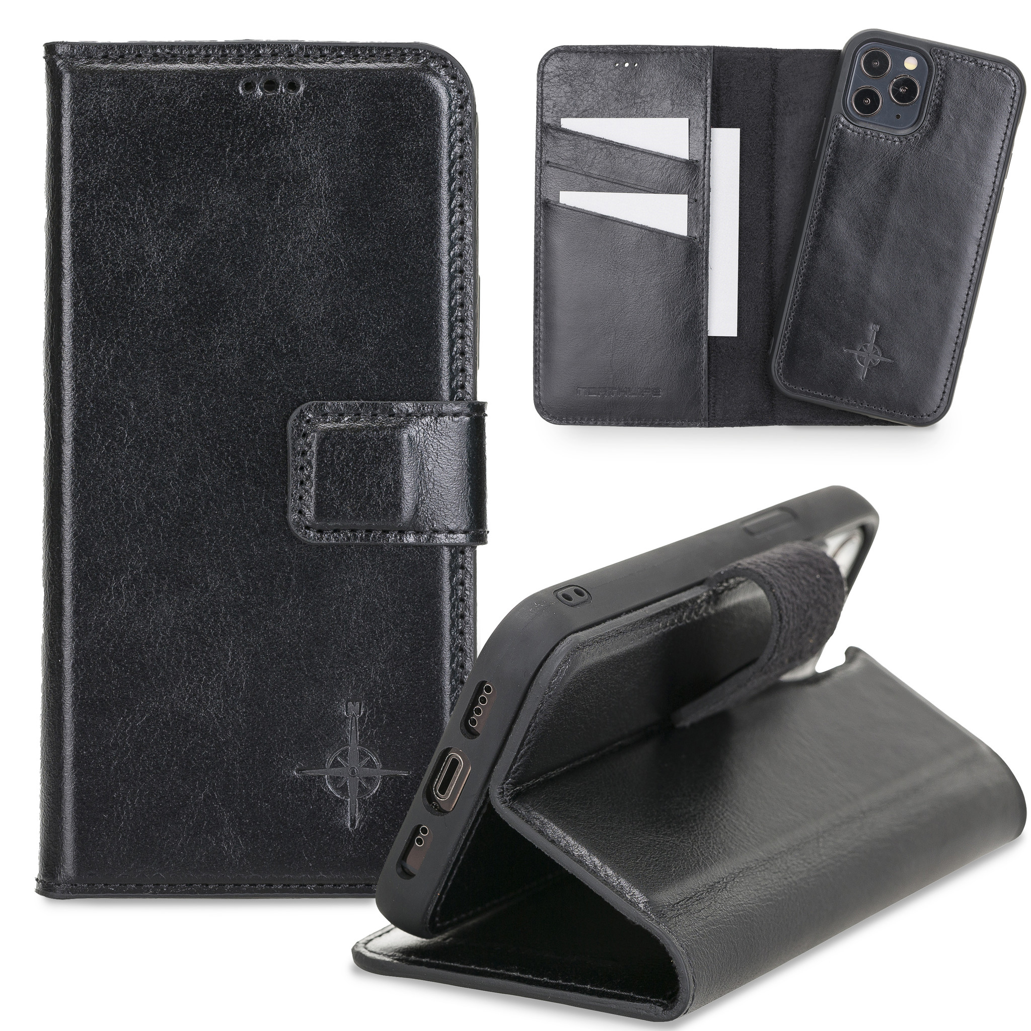 Echt lederen uitneembare 2-in-1 (RFID) bookcase hoes Burcht Trecht Zwart voor de iPhone 12 en iPhone 12 Pro