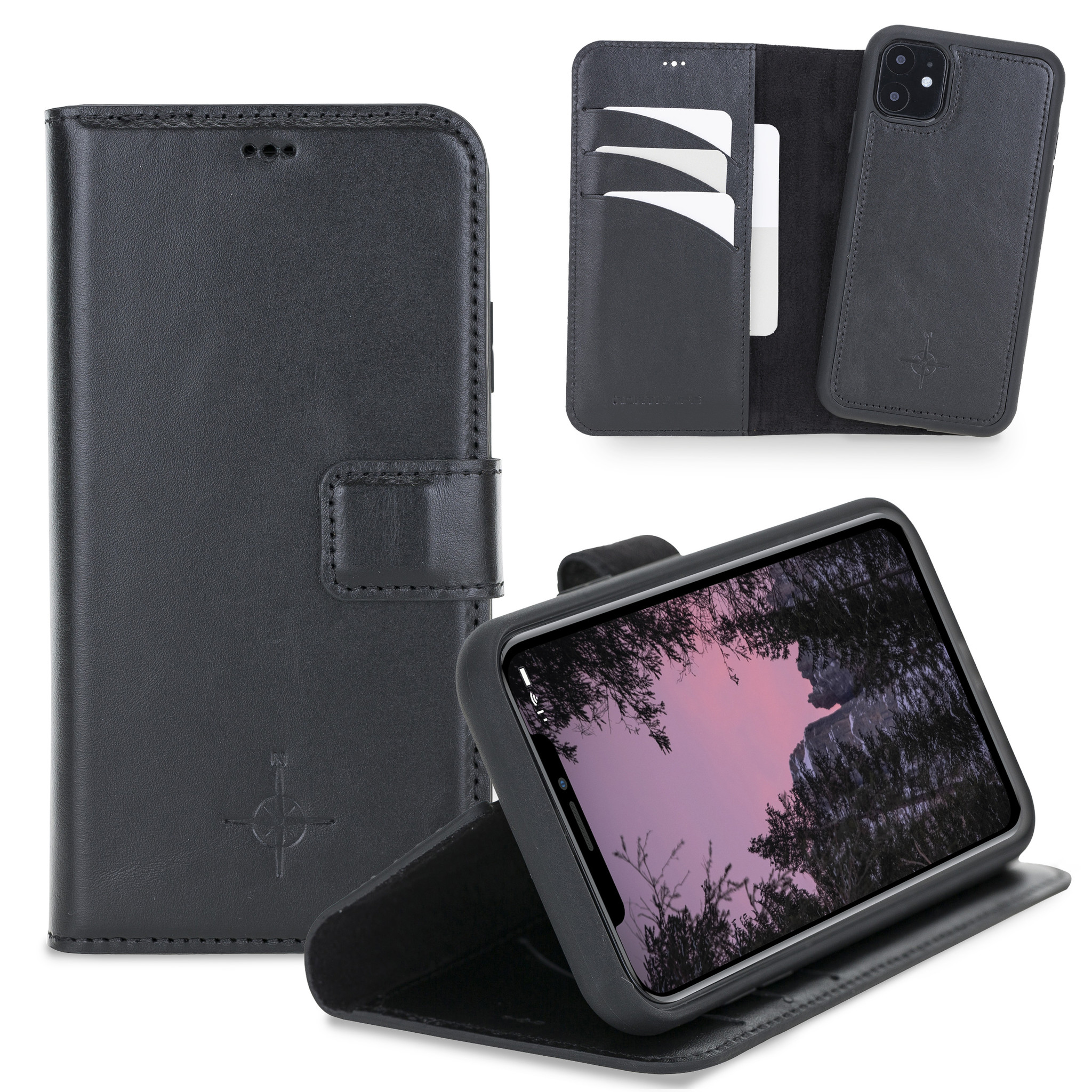 Echt lederen uitneembare 2-in-1 (RFID) bookcase hoes Burcht Trecht Zwart voor de iPhone 11