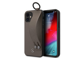 Mercedes - Leren Backcover hoes met Handstrap - iPhone 12 Mini - Bruin + Lunso Tempered Glass