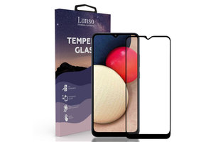 Lunso - Samsung Galaxy A02s - Gehard Beschermglas - Full Cover Screenprotector - Black Edge