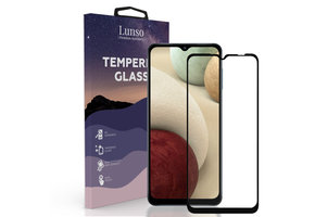 Lunso - Samsung Galaxy A12 - Gehard Beschermglas - Full Cover Screenprotector - Black Edge