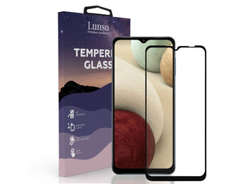 Lunso - Samsung Galaxy A12 - Gehard Beschermglas - Full Cover Screenprotector - Black Edge