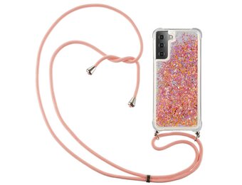Lunso - Backcover hoes met koord - Samsung Galaxy S21 Plus - Glitter Roze