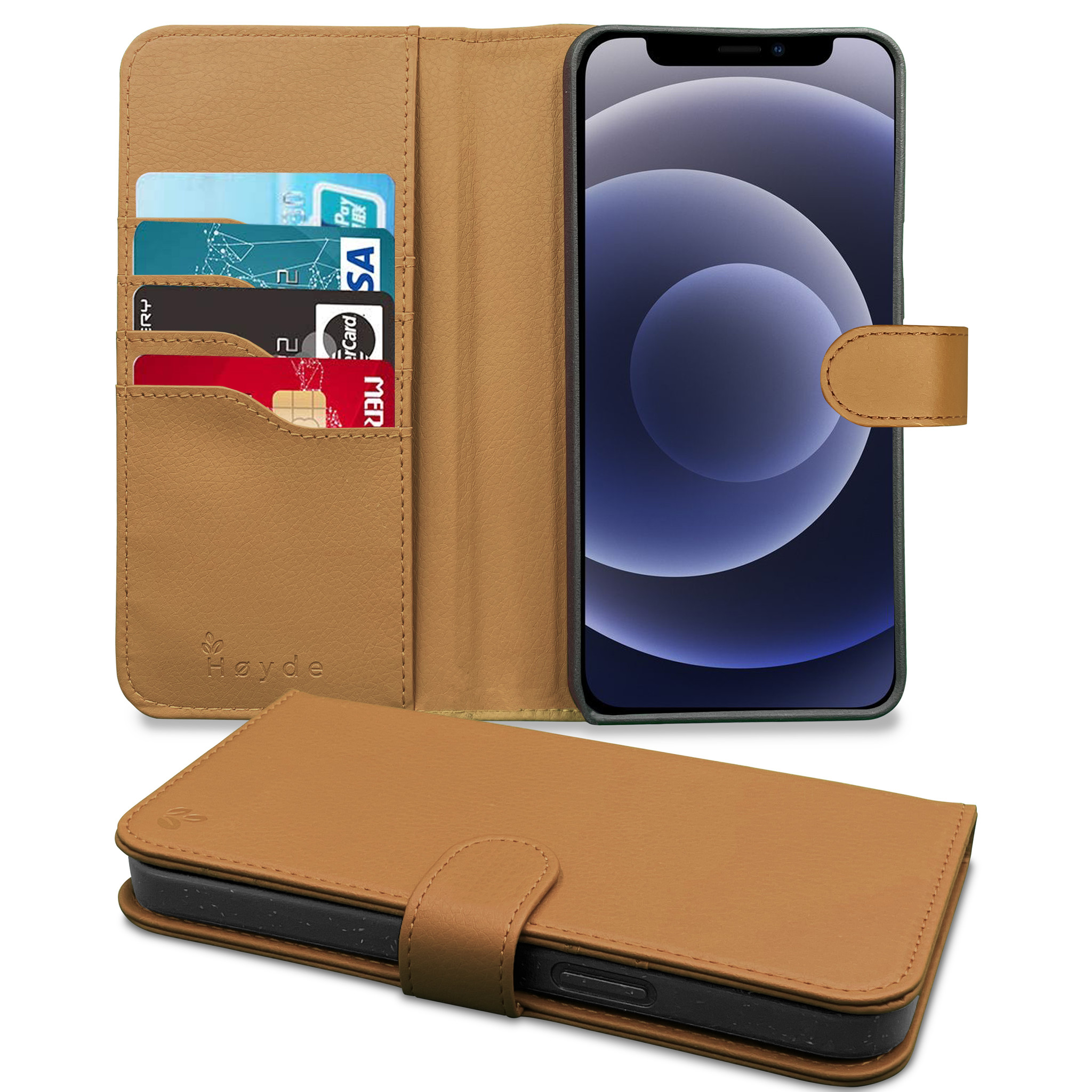 Vegan lederen en 100% Biologisch afbreekbare Bookcase hoes Cognac voor de iPhone 12 Mini