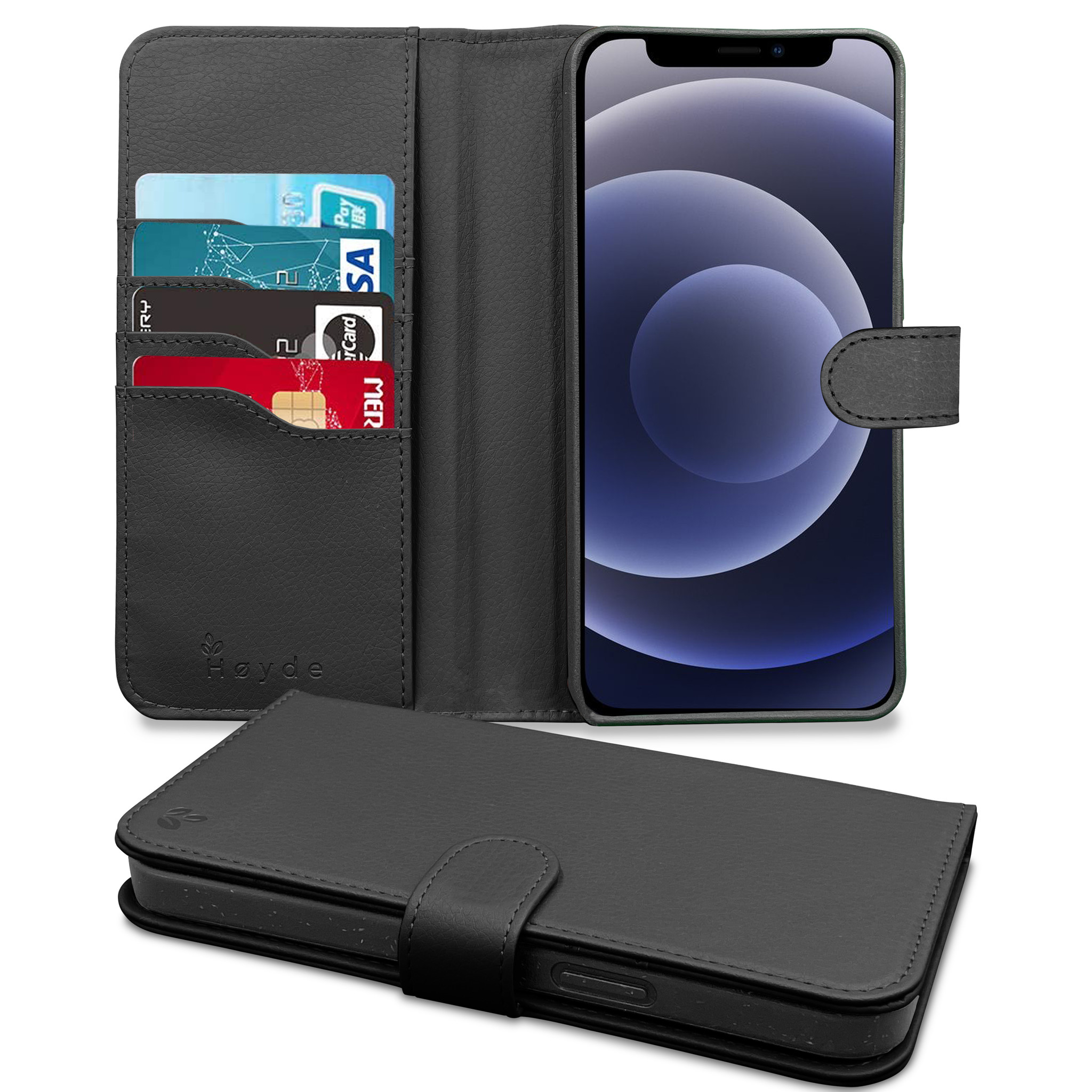 Vegan lederen en 100% Biologisch afbreekbare Bookcase hoes Zwart voor de iPhone 12 Pro Max