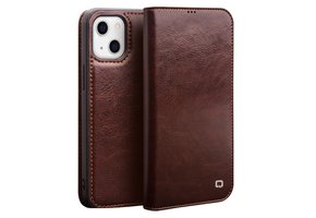 Qialino - lederen luxe bookcase hoes - iPhone 13 - Bruin