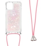 iPhone 13 Pro Max Backcover hoes Glitter Rose Zilver met koord