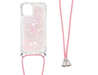 Lunso - Backcover hoes met koord - iPhone 13 Pro - Glitter Rose Zilver