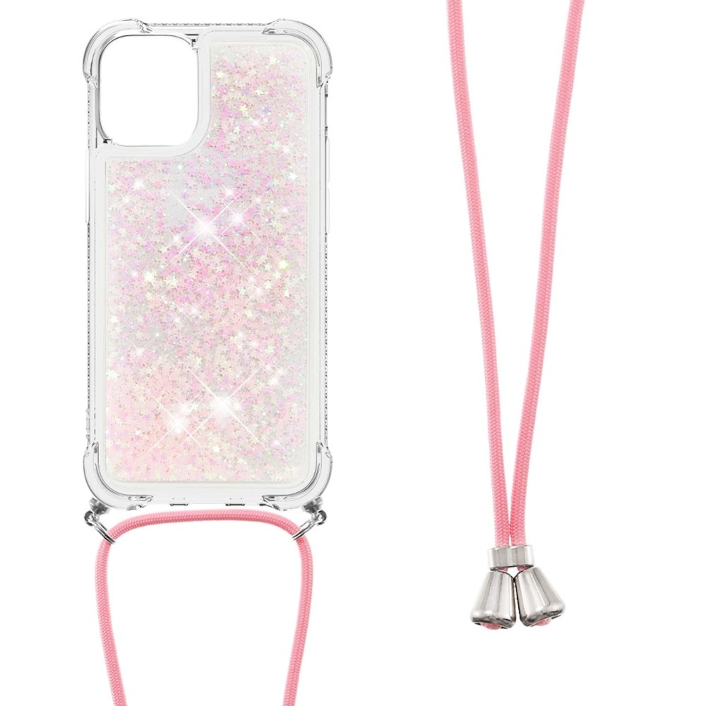 iPhone 13 Backcover hoes Glitter Rose Zilver met koord