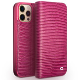 iPhone 13 Pro echt lederen bookcase hoes Croco Roze