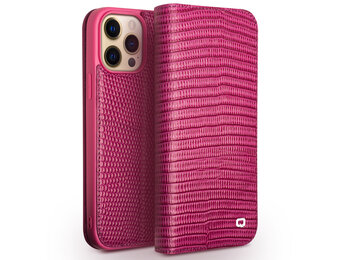 Qialino - lederen luxe bookcase hoes - iPhone 13 Pro - Croco Roze