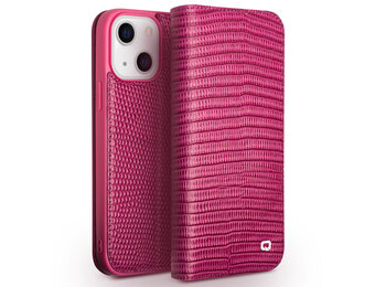 Qialino - lederen luxe bookcase hoes - iPhone 13 Mini - Croco Roze