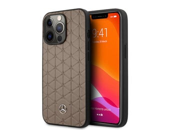 Mercedes - Lederen Quilted Stars backcover hoes - iPhone 13 Pro Max- Bruin + Lunso Tempered Glass