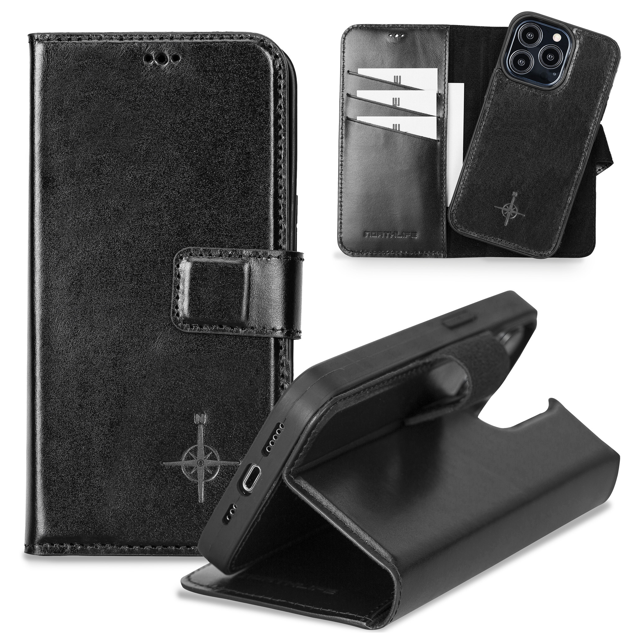 iPhone 13 Pro lederen afneembare 2-in-1 bookcase hoes - Zwart