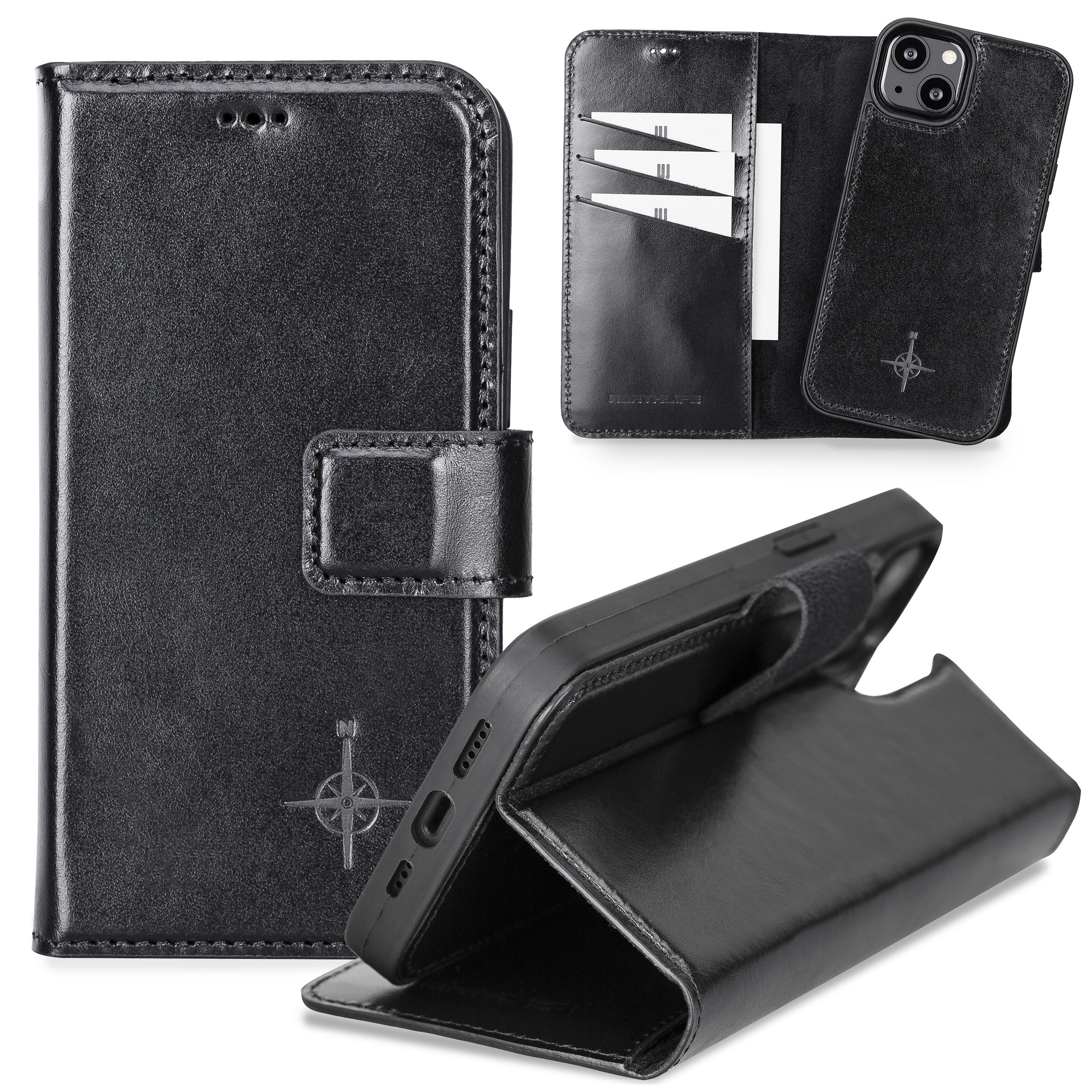 iPhone 13 lederen afneembare 2-in-1 bookcase hoes - Zwart