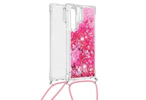 Lunso - Backcover hoes met koord - Samsung Galaxy S22 Ultra - Glitter Roze