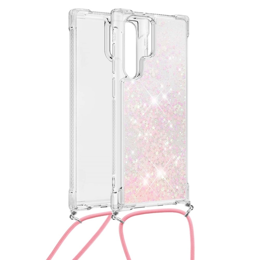 Samsung Galaxy S22 Ultra Backcover hoes met koord Glitter Rose Zilver