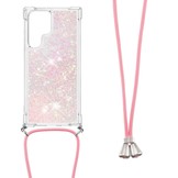 Samsung Galaxy S22 Ultra Backcover hoes met koord Glitter Rose Zilver