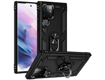 Lunso - Armor backcover hoes met ringhouder - Samsung Galaxy S22 Ultra - Zwart