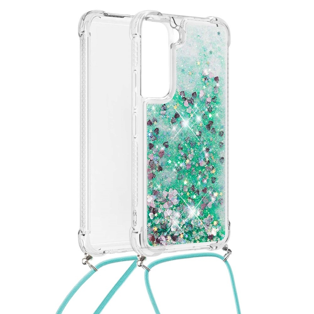 Samsung Galaxy S21 FE Backcover hoes Glitter Groen met koord